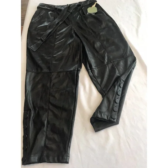 Ryegrass Black Faux Leather Tie Front Pants Button Ankle Womens Sz 10 Wide Taper - Picture 3 of 14